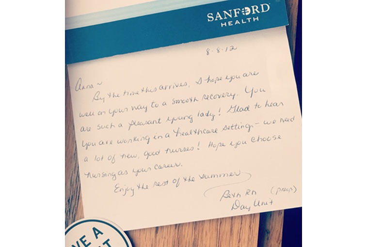 Postcard from Sanford Health nurse Beth Haugen, after Larson's surgery.